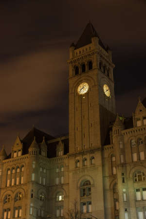 Old Washington post office clock tower at nightの写真素材