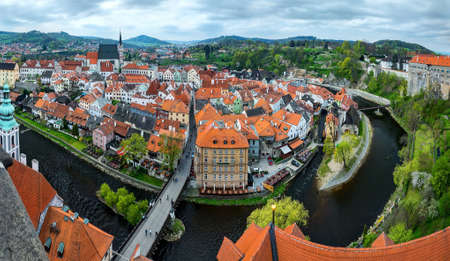 Cesky Krumlov city panorama, cityscape. Czech Republic. Europeの写真素材