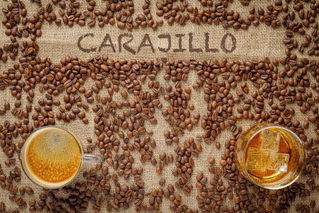 Carajillo, traditional Spanish coffee with brandy, whiskey, cognac or rumの写真素材