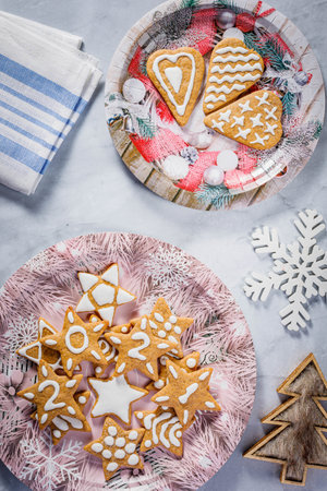 still life with homemade christmas gingerbread cookiesの写真素材