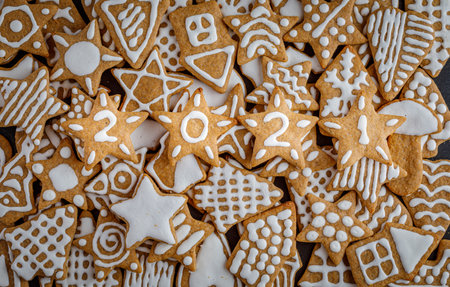 still life with homemade christmas gingerbread cookiesの写真素材