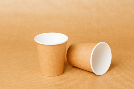 disposable paper tableware on disposable paper tablecloth. Disposable plate, container, box, cup, knife, spoonの写真素材