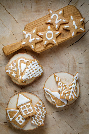 still life with homemade christmas gingerbread cookiesの写真素材