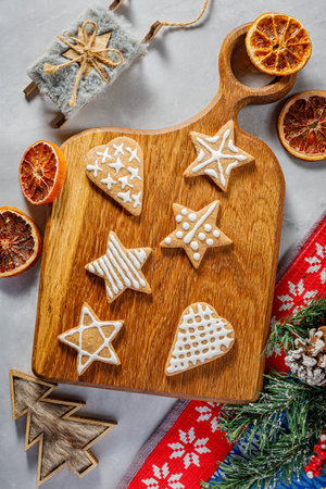 still life with homemade christmas gingerbread cookiesの写真素材