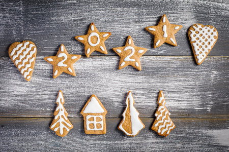 still life with homemade christmas gingerbread cookiesの写真素材