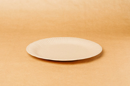 disposable paper tableware on disposable paper tablecloth. Disposable plate, container, box, cup, knife, spoonの写真素材