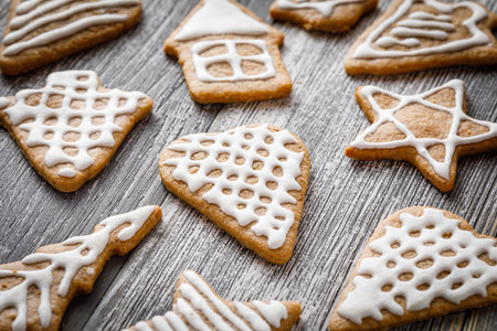still life with homemade christmas gingerbread cookiesの写真素材