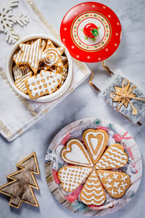 still life with homemade christmas gingerbread cookiesの写真素材