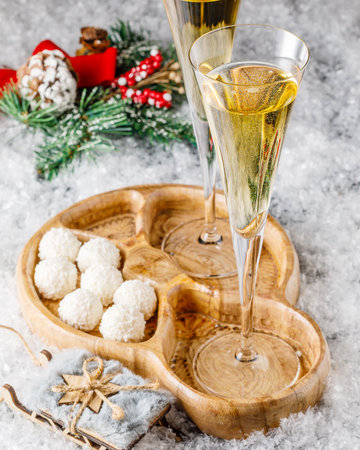 christmas still life with white chocolate truffles, cookies and sparkling wineの写真素材