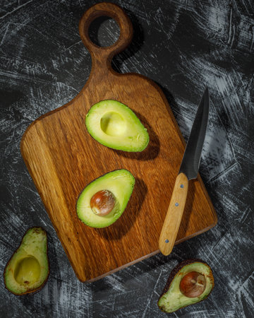 still life with whole and halved avocado on wooden plateの写真素材