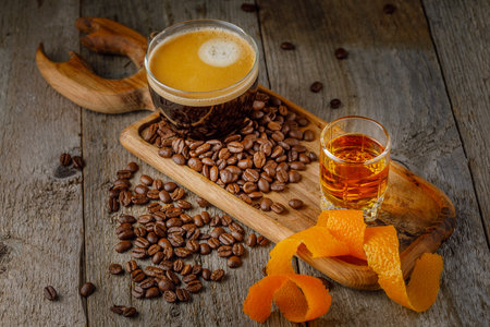 Carajillo, traditional Spanish coffee with brandy, whiskey, cognac or rumの写真素材