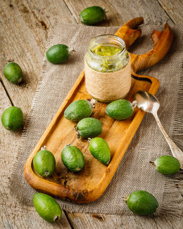 Still life with feijoa fruits and feijoa jam in the jarの写真素材
