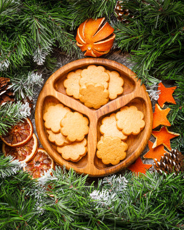 still life with homemade christmas gingerbread cookiesの写真素材