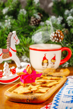 still life with homemade christmas gingerbread cookiesの写真素材
