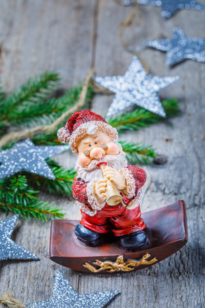 christmas greeting card with fir tree branches and seasonal decoration, copy spaceの写真素材
