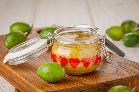 Still life with feijoa fruits and feijoa jam in the jarの写真素材