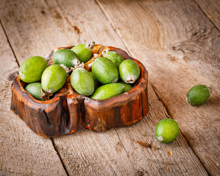 Still life with feijoa fruits and feijoa jam in the jarの写真素材