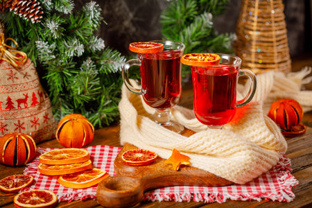 christmas still life with mulled wine and dried orangesの写真素材