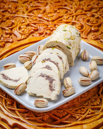 Assorted traditional oriental turkish delights and nuts on wooden backgroundの写真素材