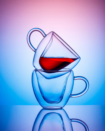 transparent cups on colored background. Vertical image. Copy spaceの写真素材