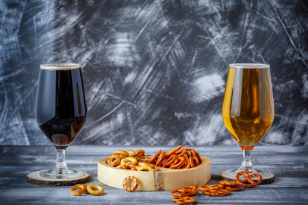 Salty snacks, pistachios, pretzels and two glasses of dark and light beer. Negative space. Copy space.の写真素材