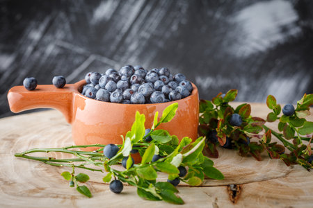 still life with forest blueberries on wooden backgroundの写真素材