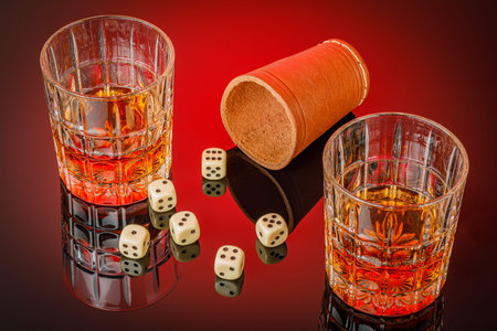 dice with reflection on color background, copy space