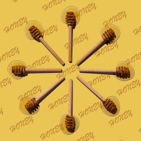 pattern background with isolated honey and honey dipperの写真素材