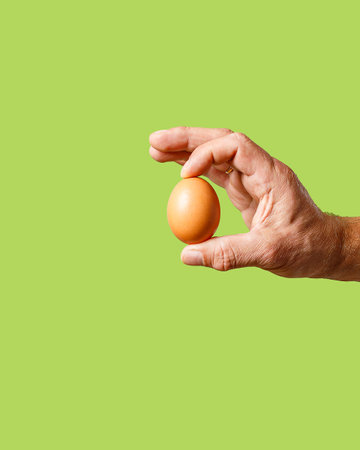 still life with hand holding an egg on green background