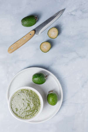 Fresh exotic feijoa fruits on a table, feijoa jamの写真素材