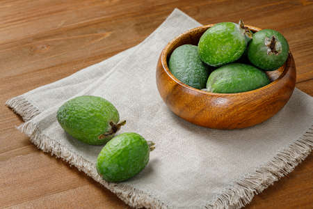 Fresh exotic feijoa fruits on a table, feijoa jamの写真素材