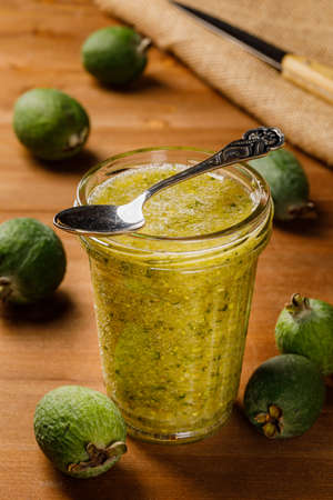 Fresh exotic feijoa fruits on a table, feijoa jamの写真素材