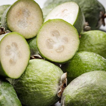 Fresh exotic feijoa fruits on a table, feijoa jamの写真素材