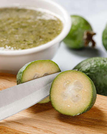 Fresh exotic feijoa fruits on a table, feijoa jamの写真素材