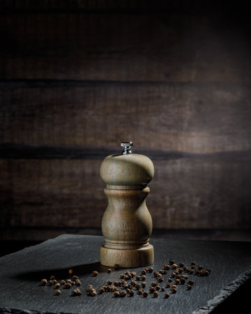 pepper mill and peppercorns heap, wooden background, copy spaceの写真素材