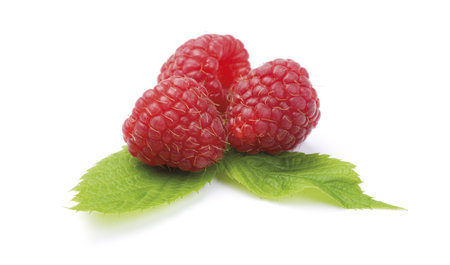 Fresh organic garden raspberries with green leaf isolated on white background. Shallow depth of...