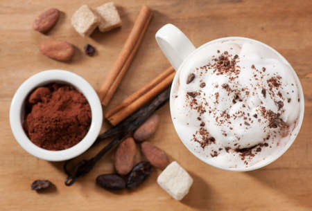 Hot chocolate with whipped cream and chocolate chips  Cocoa drink ingredients の写真素材