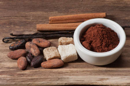 Cocoa drink ingredients  Cocoa beans and powder, Cinnamon, vanilla pod,sugar Cubes の写真素材