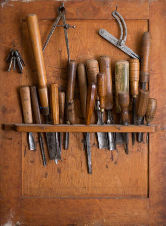 Old woodworking tools in carpentry shelf  Close up の写真素材
