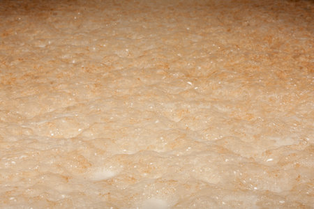 Frothy beer mash into the fermentation vessel in a brewery