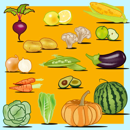 Colorful set of fruits and vegetables. Isolated creative design healthy life objects. Vegetarian and vegan food halftone textured, no gradientsのイラスト素材