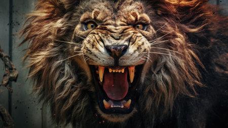 Close-up portrait of a lion with open mouth in the zooの素材