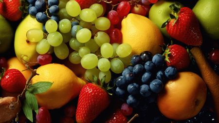 Composition with fresh fruits as background, top view. Balanced dietの素材