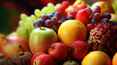 Variety of fresh fruits with water drops, closeup. Healthy foodの素材