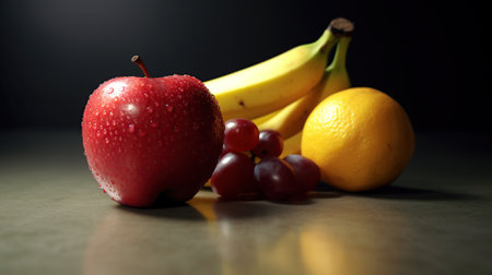 Fruit still life with apples, bananas and grape on a dark backgroundの素材