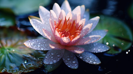 Water lily in a pond with water droplets on the petalsの素材