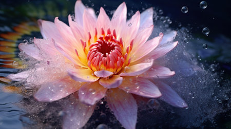 Pink lotus flower on the water surface with water drops, close upの素材