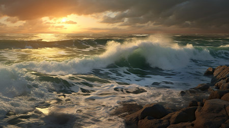 Beautiful seascape at sunset time. 3d render illustrationの素材