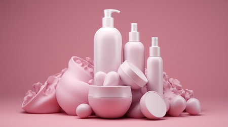 Set of cosmetic products for skin care on a pink background. 3d renderingの素材
