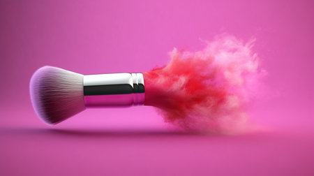 Makeup brush with pink smoke on a pink background. 3d renderingの素材